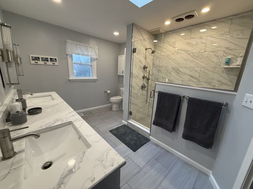 Master bath vanity and shower, remodel by RDH Construction