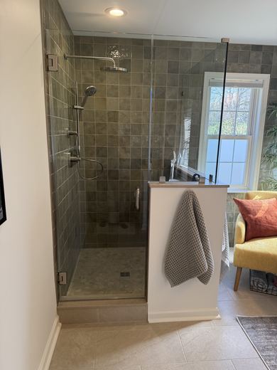 Walk-in tile shower with rain head, remodel by RDH Construction